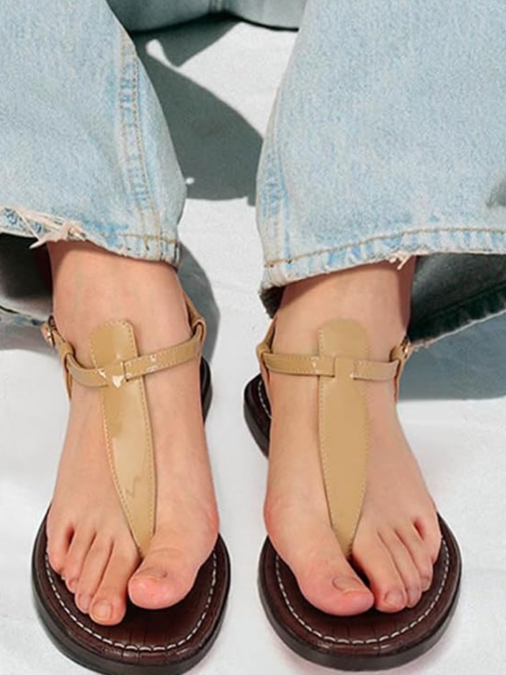 T-Strap Thong Flat Sandals with Ankle Buckle in Apricot Size 7 Bohemian/ Beach